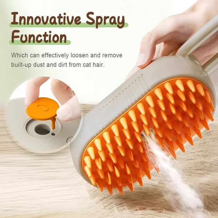 Mist outlet and soft orange bristles on the pet grooming brush