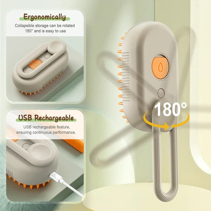 Reference foldable handle and charging connection on the pet spray brush